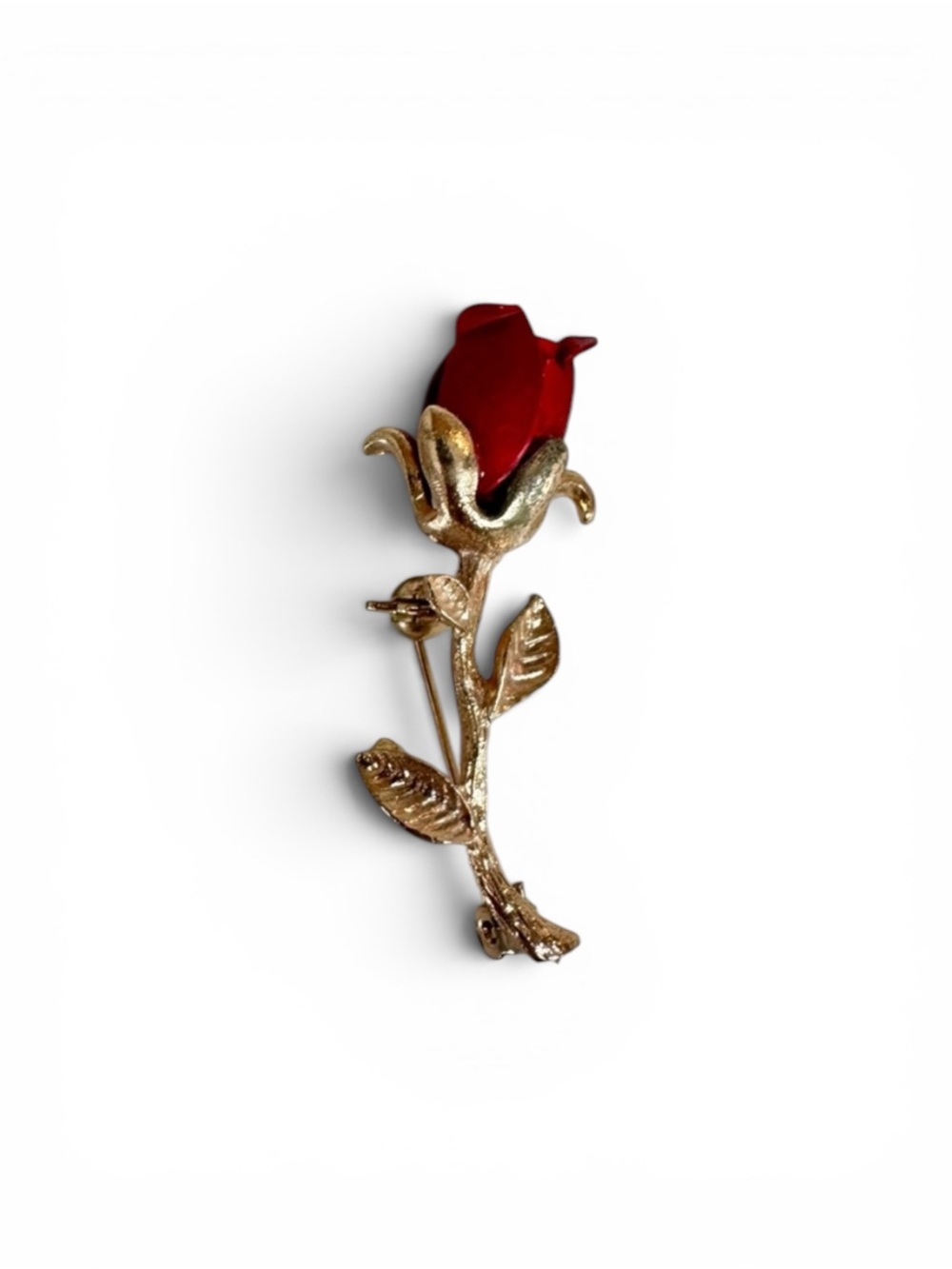 Vintage Red Rose Brooch Gold Tone Long Stem Floral Pin Romantic Jewelry - Picture 2 of 4